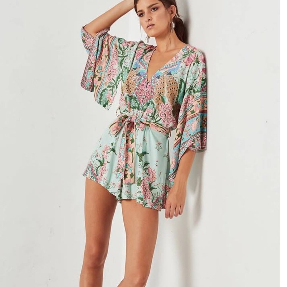 Spell Kimono Bell Sleeve Romper Peacock XS Floral Boho Hippie Festival Costal